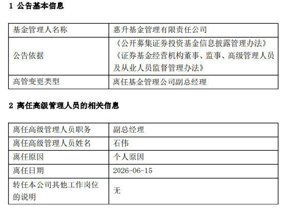 加盟两年即告别！惠升基金固收副总石伟离任